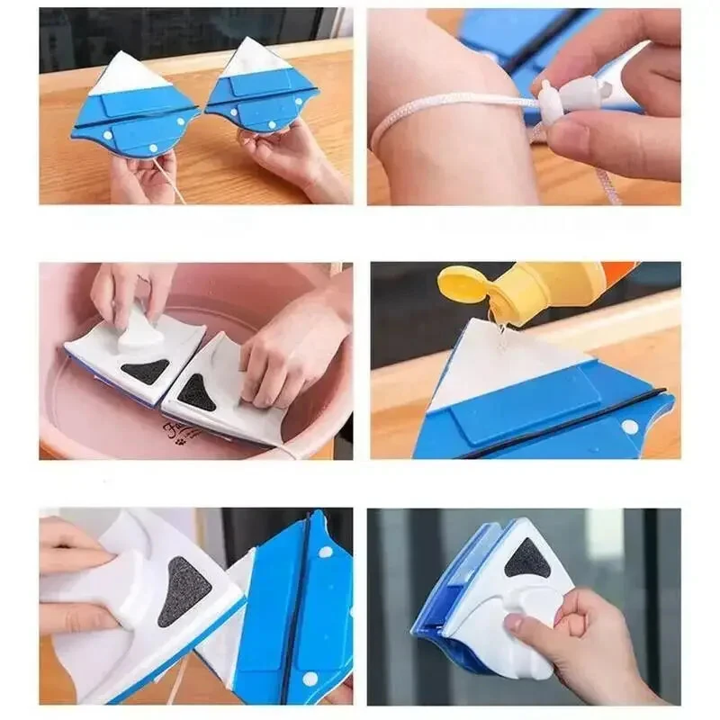 (image for) Magnetic Window Cleaner Brush Double-Sided Glass Cleaning Tool Strong Magnet Safety Rope Red Blue ABS PP 3-8mm Glass Thickness High-Rise Home Windows Car Mirrors